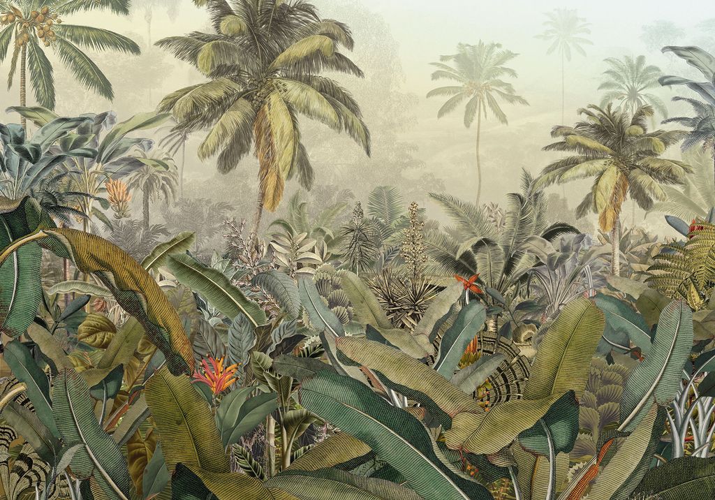Trópusi növényeket ábrázoló tapéta, 400x280 cm, zöld - sárga - szürke - AMAZONIE - Butopêa